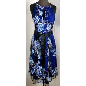 Marina Couture Blue Floral Nylon Mesh Sleeveless Dress Size 4 MSRP $179 New NWT
